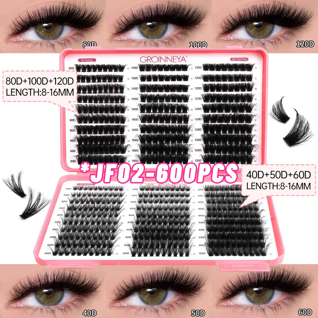 GROINNEYA Lashes Cluster DIY Lash Extension Mixed Tray Clusters Eyelashes Fluffy Volume Individual Lashes Cat Eye Lash Extension