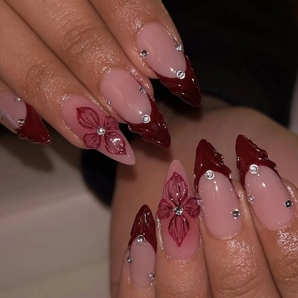 24PCS Pink Almond Press on Nails Full Cover Carved Flower 3D Ripples French Fake Nails for Women with Golden Pearl Wearable Nail