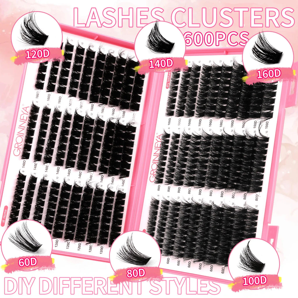 GROINNEYA Lashes Cluster DIY Lash Extension Mixed Tray Clusters Eyelashes Fluffy Volume Individual Lashes Cat Eye Lash Extension