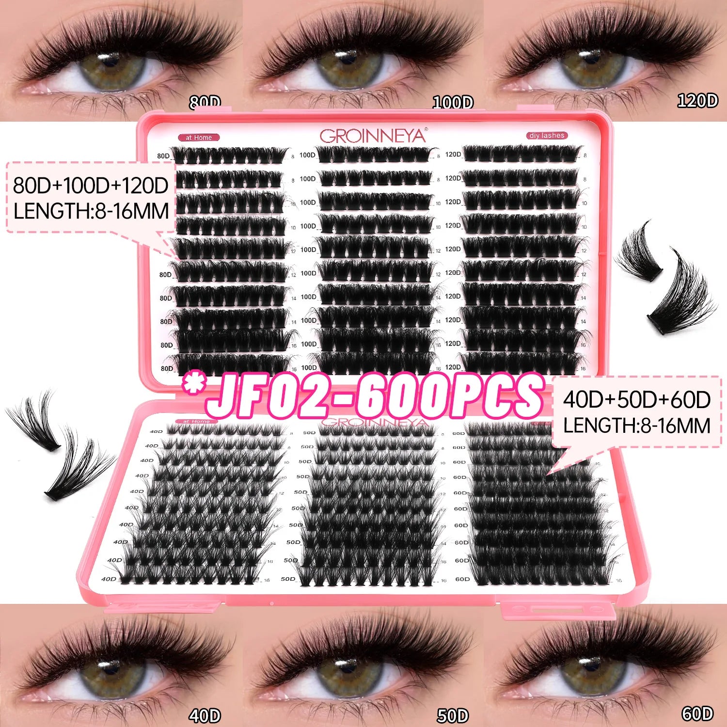 GROINNEYA Lashes Cluster DIY Lash Extension Mixed Tray Clusters Eyelashes Fluffy Volume Individual Lashes Cat Eye Lash Extension