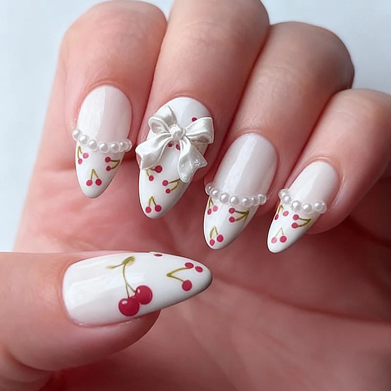 24pcs Sweet Cat Eye French Press on Nails Diamond-Pointed Three Dimensional Bow Knot Wearable Nail For Women&Girl Almond Nail