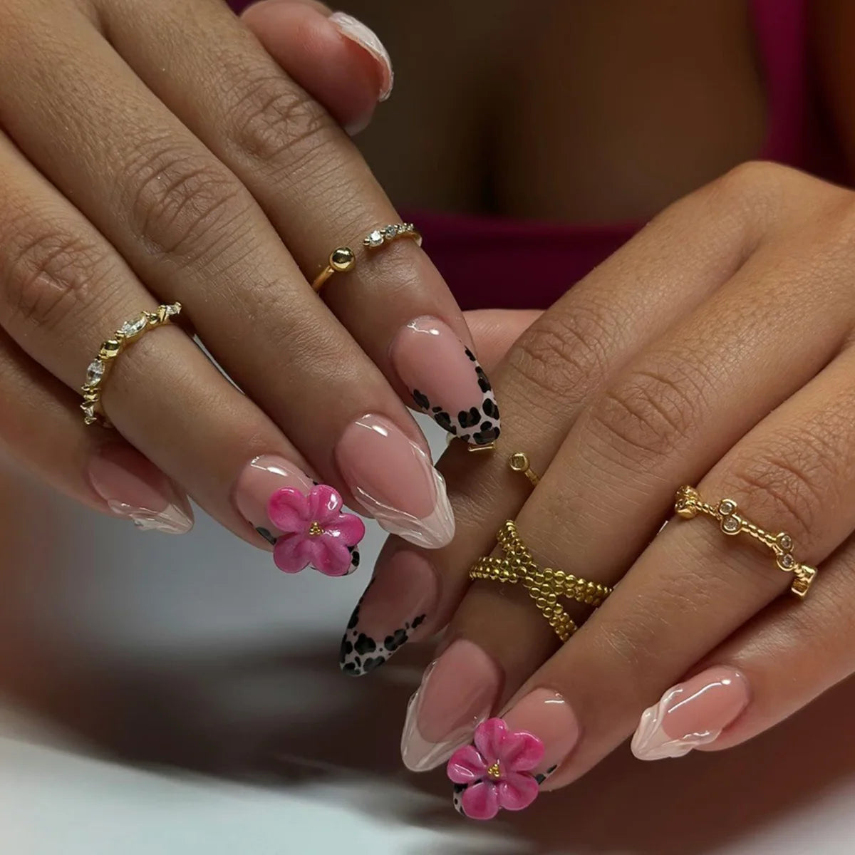 24PCS Pink Almond Press on Nails Full Cover Carved Flower 3D Ripples French Fake Nails for Women with Golden Pearl Wearable Nail