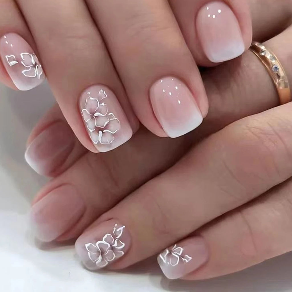 24pcs/set short square fake nails for women cute bride heart white french tips faux ongles y2k press on false nail supplies