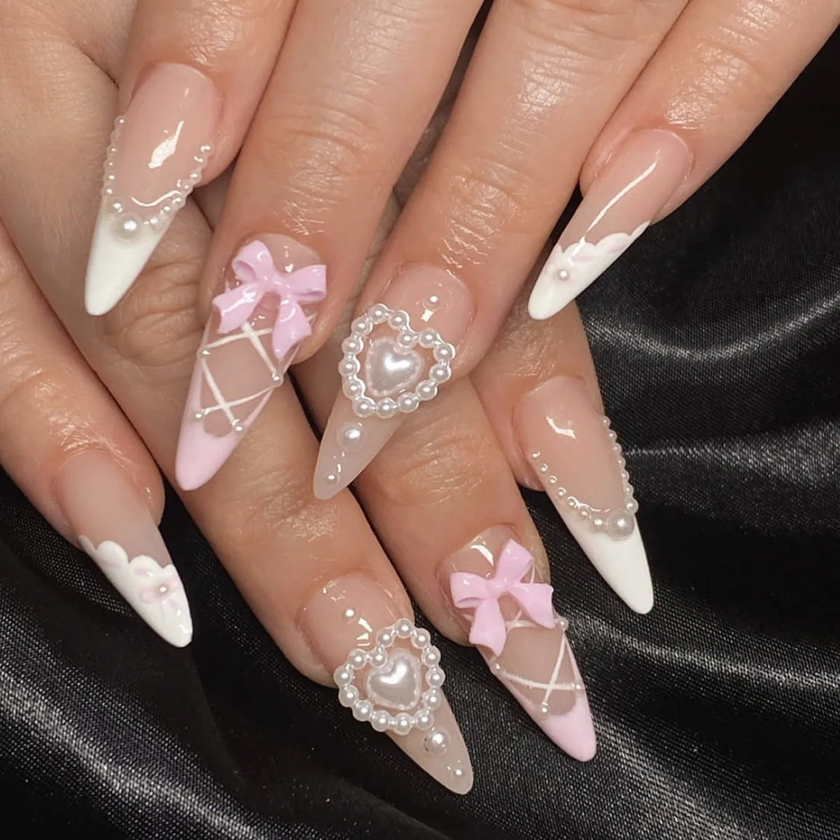 24pcs Sweet Cat Eye French Press on Nails Diamond-Pointed Three Dimensional Bow Knot Wearable Nail For Women&Girl Almond Nail