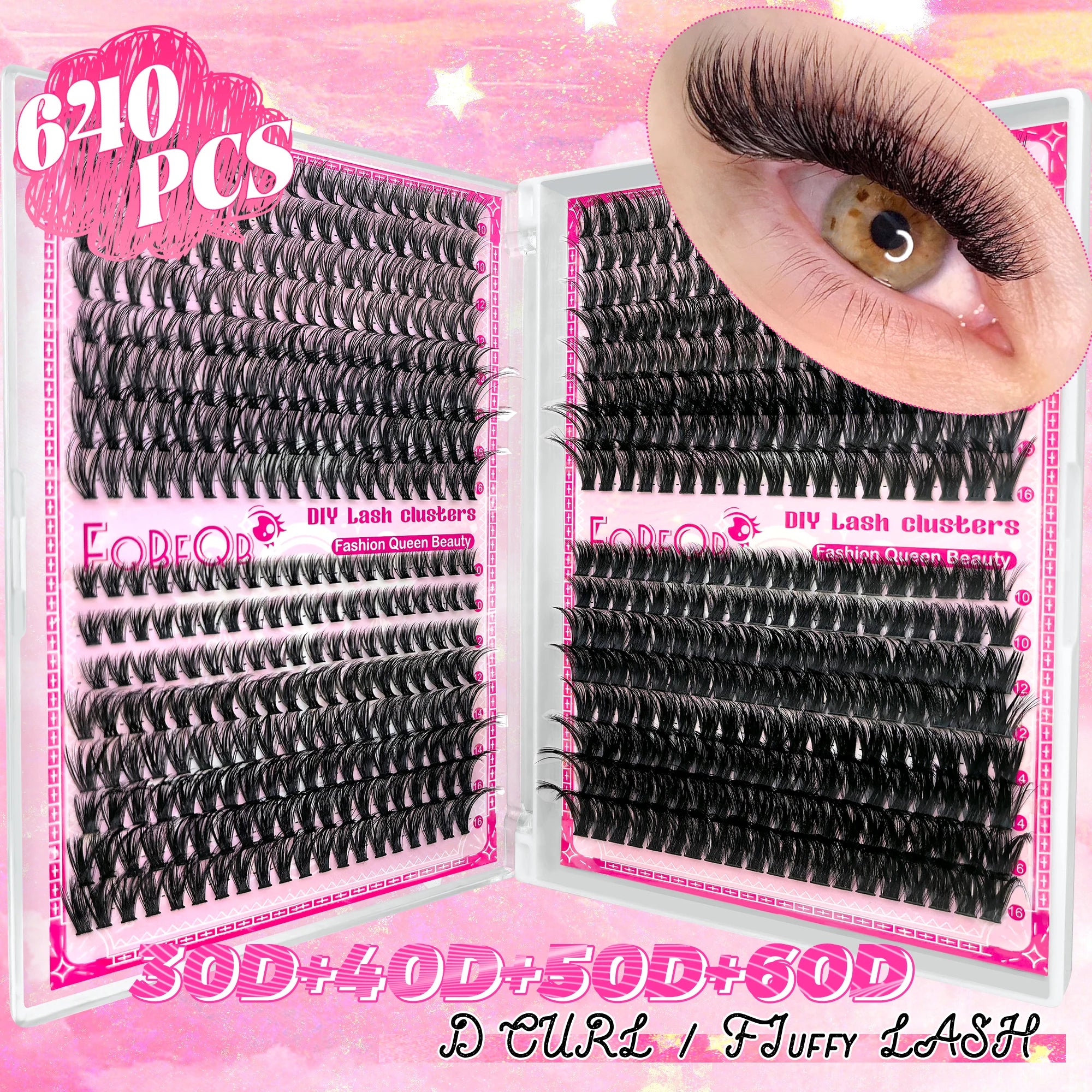 New 640 Cluster Lashes Kit 5D Fluffy Thick Eyelash Extension Kit Volume Mixed Tray Faux Mink Lashes Lash Extension Makeup