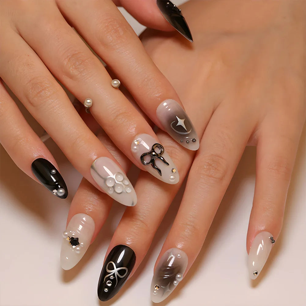 24pcs Sweet Cat Eye French Press on Nails Diamond-Pointed Three Dimensional Bow Knot Wearable Nail For Women&Girl Almond Nail