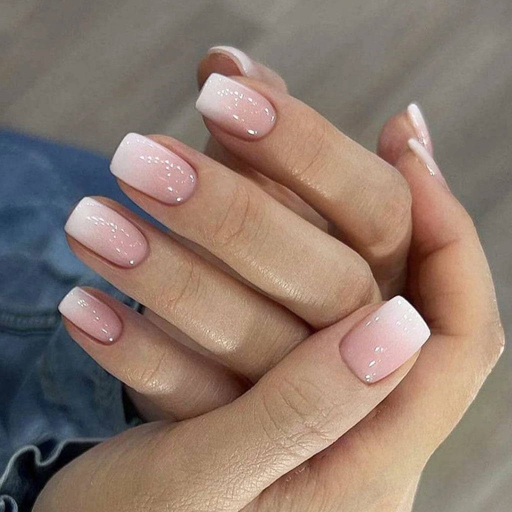 24pcs/set short square fake nails for women cute bride heart white french tips faux ongles y2k press on false nail supplies