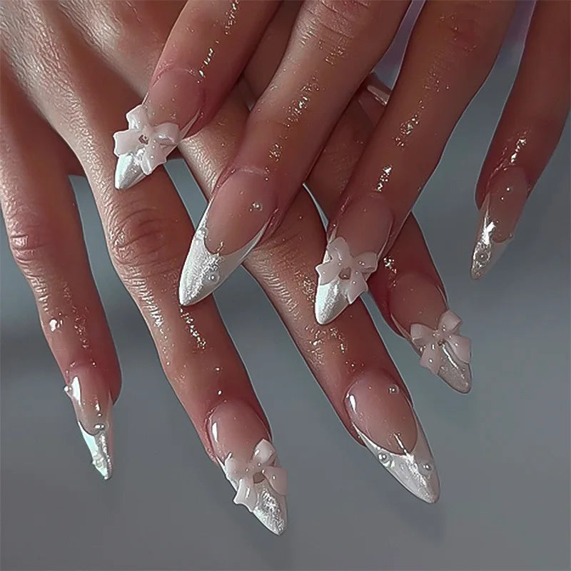 24pcs Sweet Cat Eye French Press on Nails Diamond-Pointed Three Dimensional Bow Knot Wearable Nail For Women&Girl Almond Nail