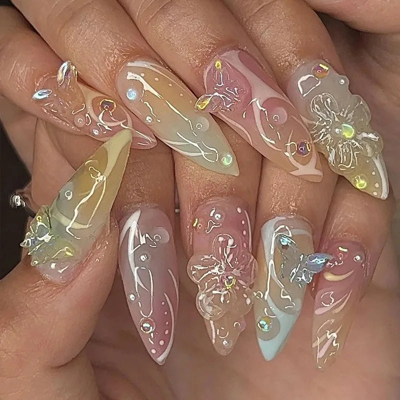 24PCS Pink Almond Press on Nails Full Cover Carved Flower 3D Ripples French Fake Nails for Women with Golden Pearl Wearable Nail