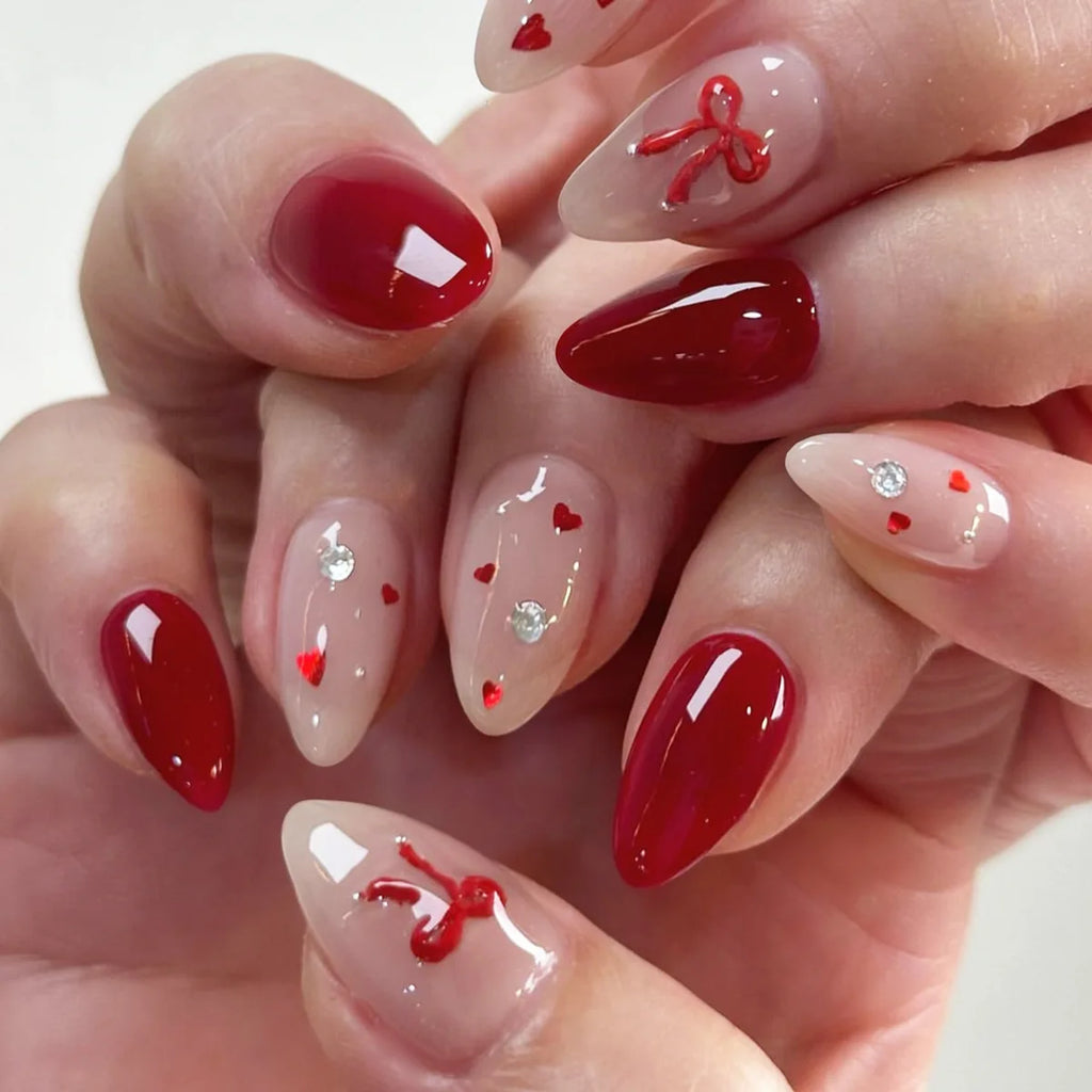 24pcs Sweet Cat Eye French Press on Nails Diamond-Pointed Three Dimensional Bow Knot Wearable Nail For Women&Girl Almond Nail