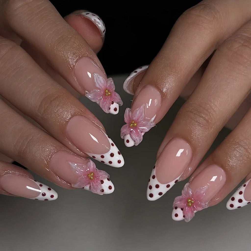 24PCS Pink Almond Press on Nails Full Cover Carved Flower 3D Ripples French Fake Nails for Women with Golden Pearl Wearable Nail
