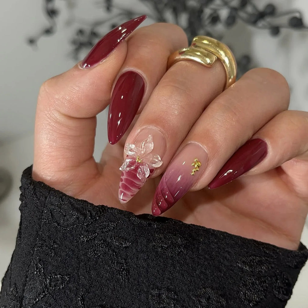 24PCS Pink Almond Press on Nails Full Cover Carved Flower 3D Ripples French Fake Nails for Women with Golden Pearl Wearable Nail