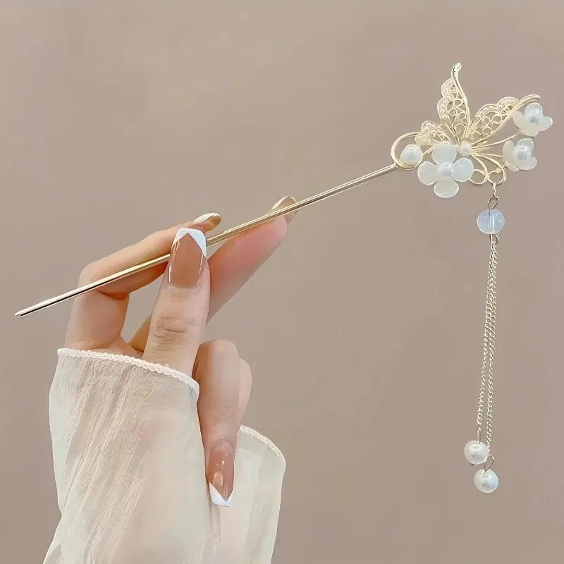 Elegant Chinese Style Tassel Hair Stick Traditional Floral Design Hairstyle Accessory Women Jewelry Hairpin Hairneedle