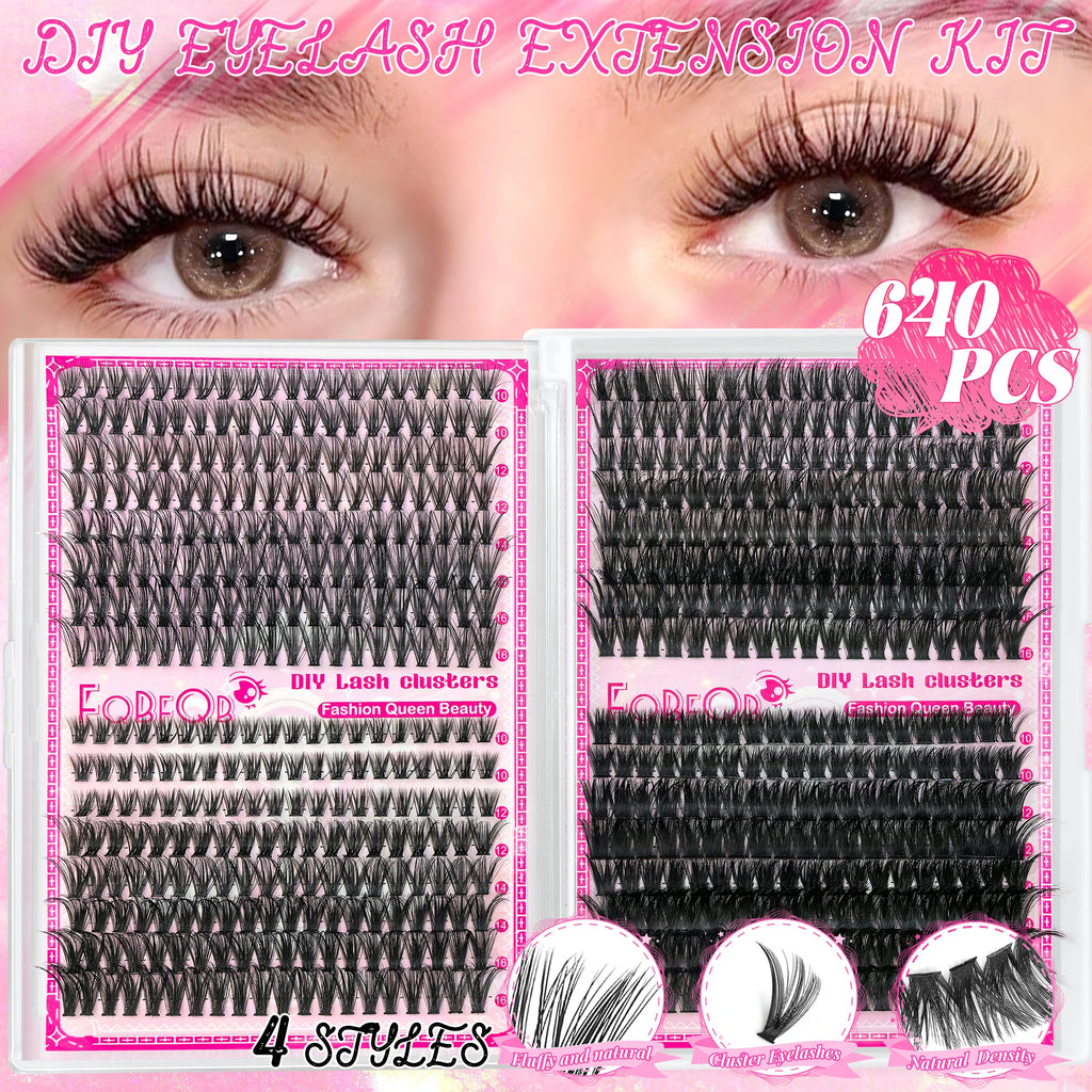 New 640 Cluster Lashes Kit 5D Fluffy Thick Eyelash Extension Kit Volume Mixed Tray Faux Mink Lashes Lash Extension Makeup