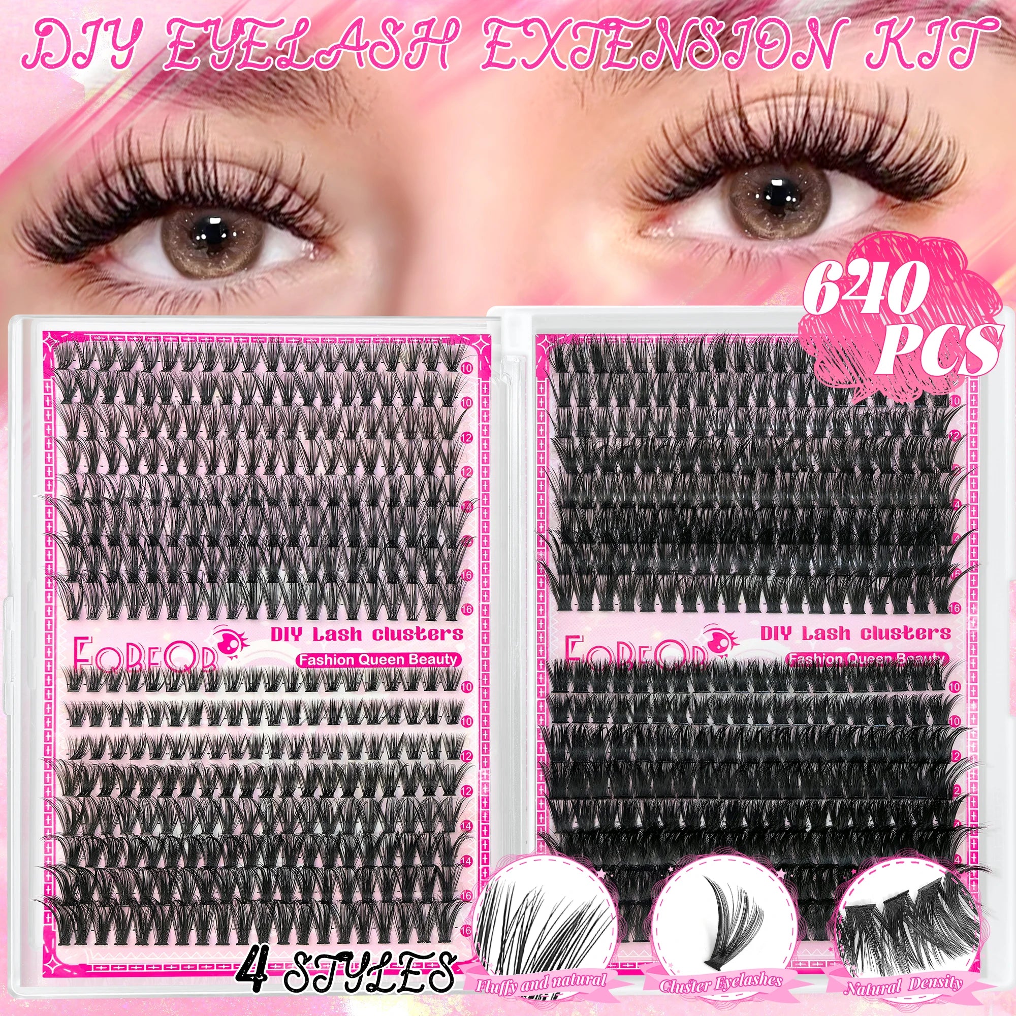 New 640 Cluster Lashes Kit 5D Fluffy Thick Eyelash Extension Kit Volume Mixed Tray Faux Mink Lashes Lash Extension Makeup