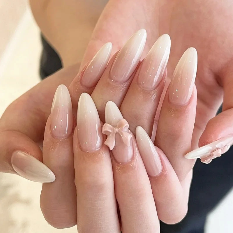 24pcs Sweet Cat Eye French Press on Nails Diamond-Pointed Three Dimensional Bow Knot Wearable Nail For Women&Girl Almond Nail