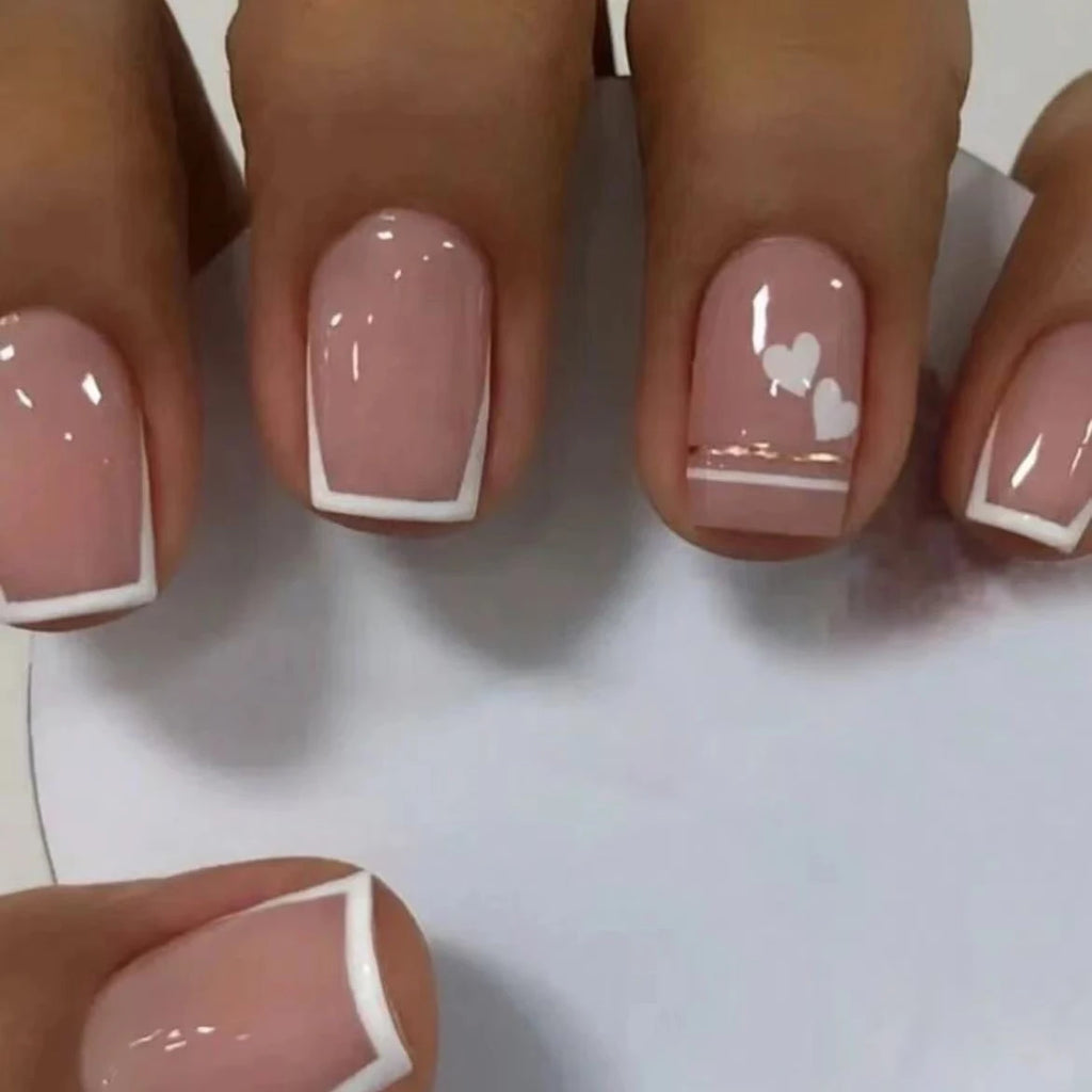 24pcs/set short square fake nails for women cute bride heart white french tips faux ongles y2k press on false nail supplies