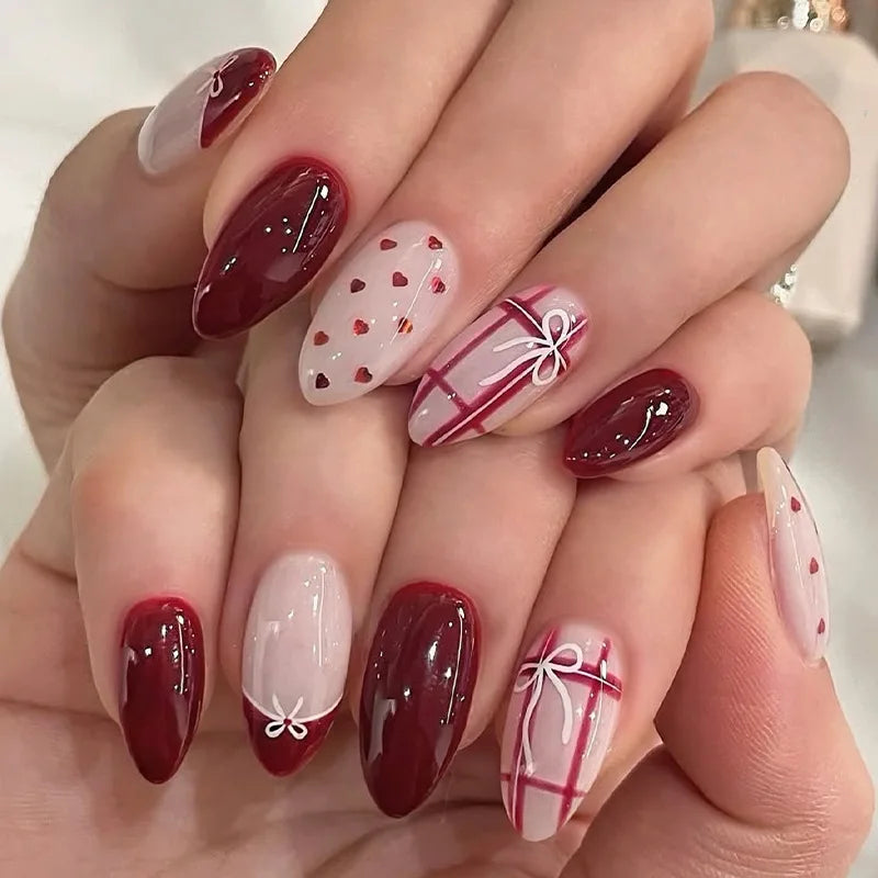 24pcs Sweet Cat Eye French Press on Nails Diamond-Pointed Three Dimensional Bow Knot Wearable Nail For Women&Girl Almond Nail