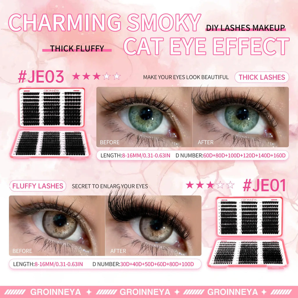 GROINNEYA Lashes Cluster DIY Lash Extension Mixed Tray Clusters Eyelashes Fluffy Volume Individual Lashes Cat Eye Lash Extension