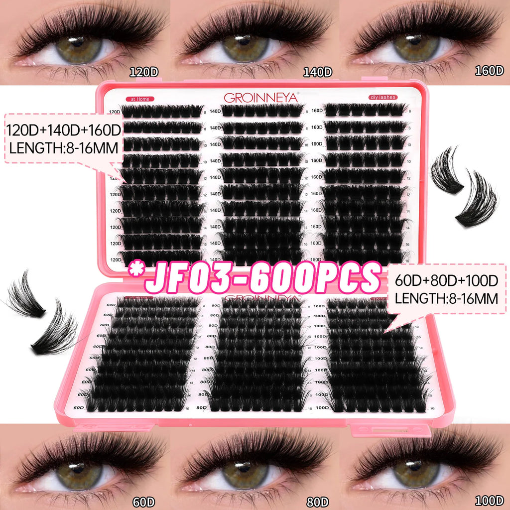 GROINNEYA Lashes Cluster DIY Lash Extension Mixed Tray Clusters Eyelashes Fluffy Volume Individual Lashes Cat Eye Lash Extension