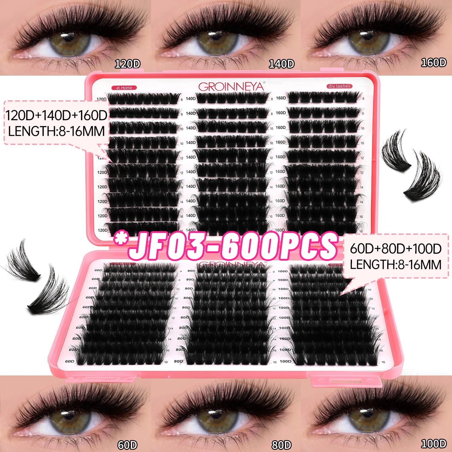 GROINNEYA Lashes Cluster DIY Lash Extension Mixed Tray Clusters Eyelashes Fluffy Volume Individual Lashes Cat Eye Lash Extension