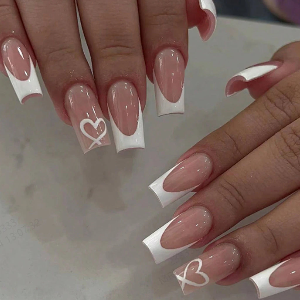 24pcs/set short square fake nails for women cute bride heart white french tips faux ongles y2k press on false nail supplies