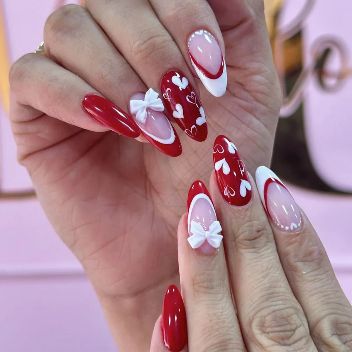 24PCS Pink Almond Press on Nails Full Cover Carved Flower 3D Ripples French Fake Nails for Women with Golden Pearl Wearable Nail